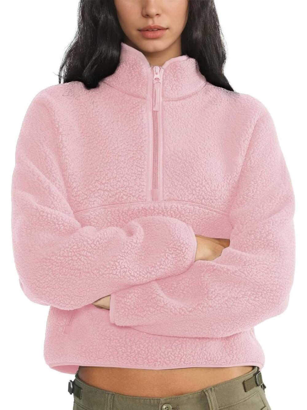 Women Pink 100% Polyester Mock-neck Fuzzy Sherpa Fleece Quarter Zip Sweatshirt